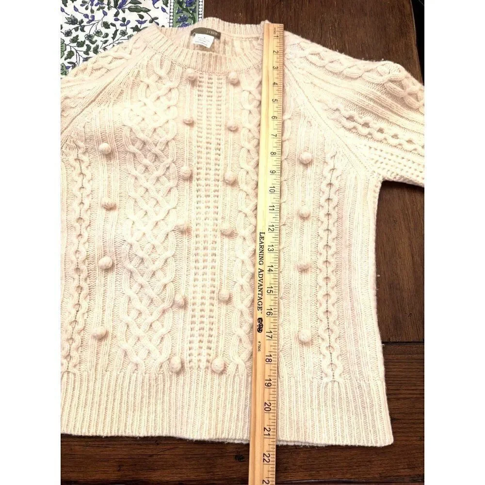J.Crew Womens Cable-Knit Lambswool Pom-Pom Sweater Ivory Size S Cozy EUC